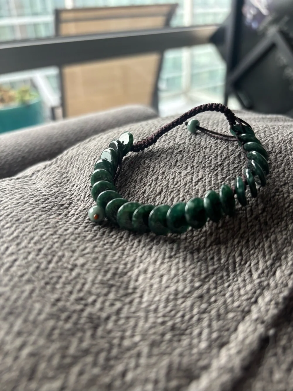 Dark Green Jadeite Beaded Adjustable Bracelet